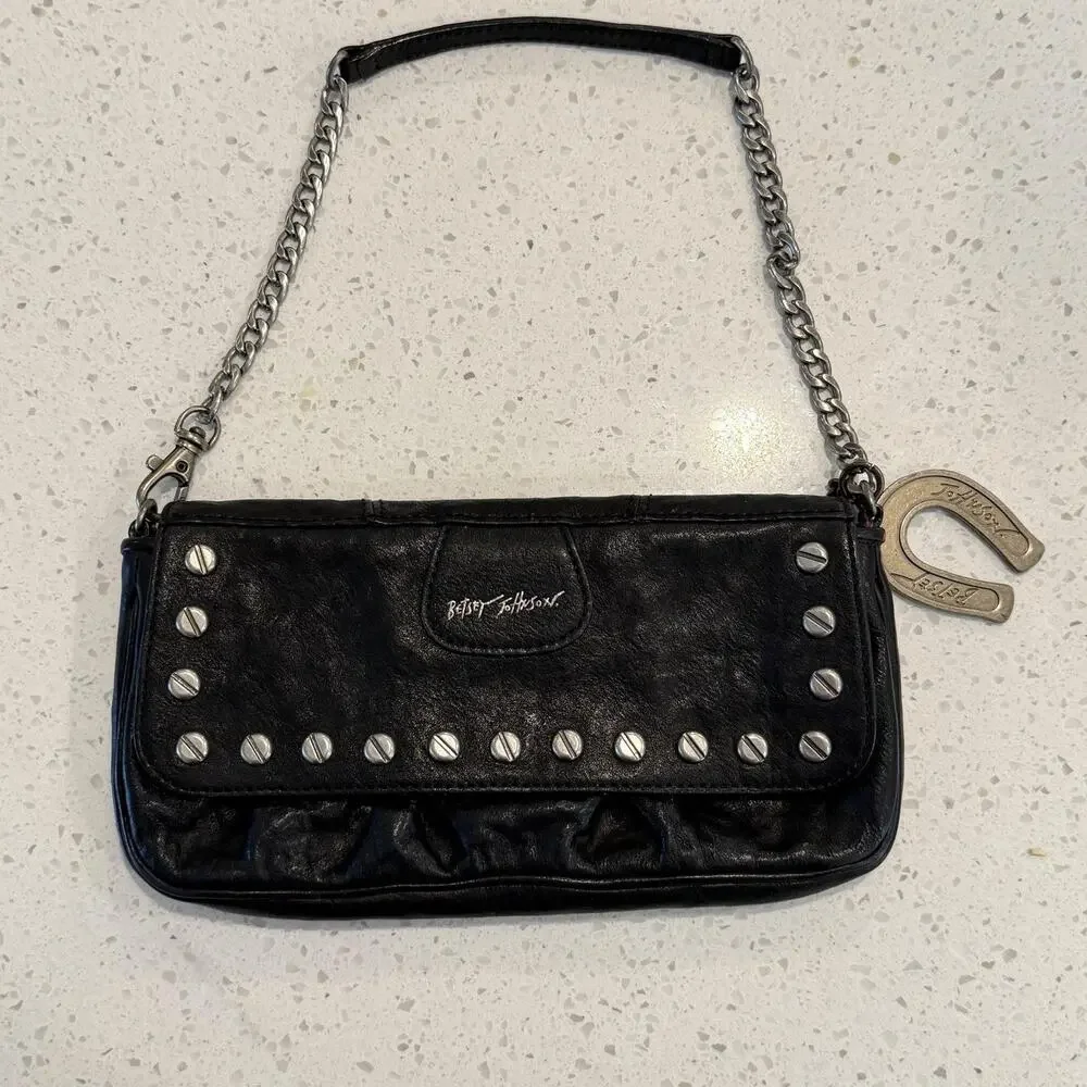 Vtg Betsey Johnson Shoulder Bag Small Black Studded Leather Chain Punk Rock Y2K
